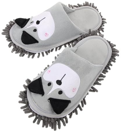 CALLARON Mop Slippers for Women Microfibre Floor Cleaning Reusable Cleaning Shoes with Removable Sole Cute Dog Design for Home Grey Size 38-41