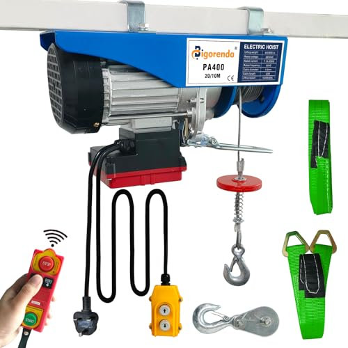 Bigorenda Electric Hoist Lift 400KG Wireless Remote Control/Wired Control 2 in 1, Winches Electric Hoist 20M/10M Lifting Height,Single/Double Sling,Emergency Stop Switch,for Factory Warehouse Garage