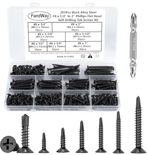 FandWay 205 viti autofilettanti a testa piatta, M4,2 x 13 ~ 50 mm, viti a testa svasata Phillips per lamiera, in acciaio inox 410, con rivestimento nero, chiodi autofilettanti con 1 punta per