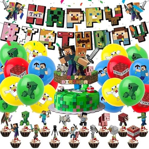 Geburtstagsdeko Kinder,Miner Geburtstagsdeko Jungen, 37 TLG Party Deko mit Luftballons, Banner, Tortenaufleger & Cupcake Topper, Miner Deko Kindergeburtstag Junge 7 8 9 Jahre