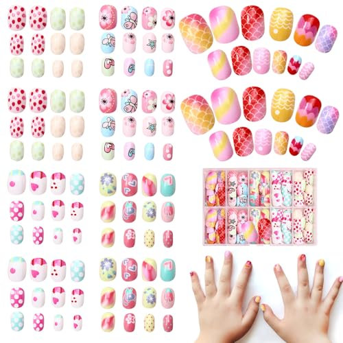 120Pcs Faux Ongles Enfant Fille, Press on Nails Kit Stick Sur les Ongles Couverture Complète Presse Courte sur les Ongle pour les Enfants Jolie Décoration D'art des Ongle de Cadeaux (Fleur, Coloré)