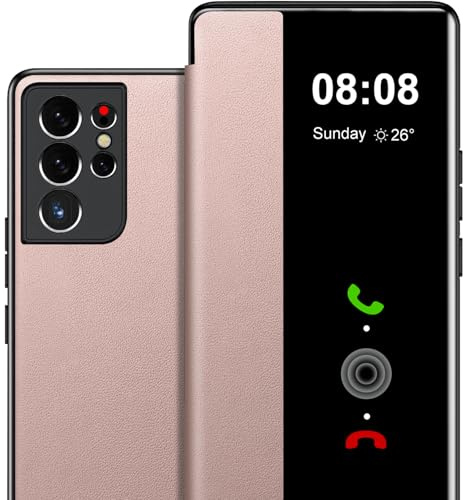 Flip Case for Samsung Galaxy S21 Ultra Case S View, Clear View Flip Folio PU Leather Hard PC for Samsung S21 Ultra Phone Case, Luxury Anti-Scratch Cases for Samsung Galaxy S21 Ultra (Pink)