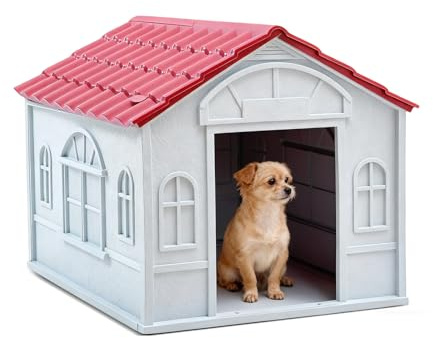 PETCUTE Hundehütte Outdoor aus Wasserfestem Polypropylen,Hundehaus,Katzenhöhle Indoor und Outdoor,Belüftet,Haustierhaus für Hunde & Katzen,für Alle Jahreszeiten,Rot,L