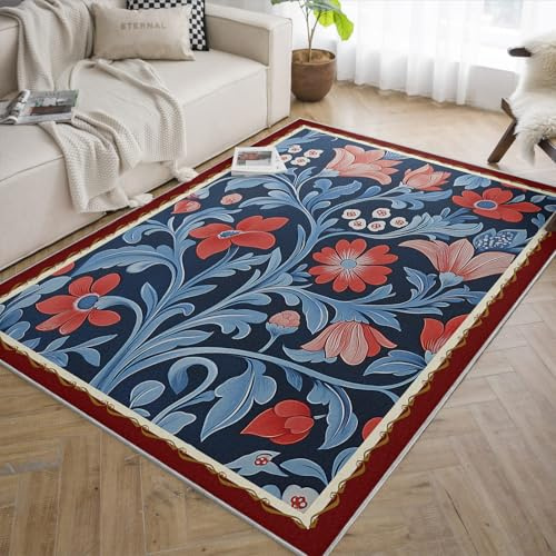 UERWOWELL Vibrant Floral 100x150cm Area Rugs with Border Red Flowers and Blue Leaves Thin Carpet Washable for Sofa Reading Nook Fireplace Floor Decor