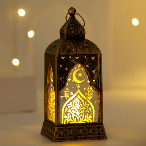 Ramadan Lanterne décorative, lampe orientale, lumière décorative du Ramadan, lanterne à bougie vintage, lanterne LED, décoration de table Ramazan, lanterne à suspendre, décoration de table (bronze)
