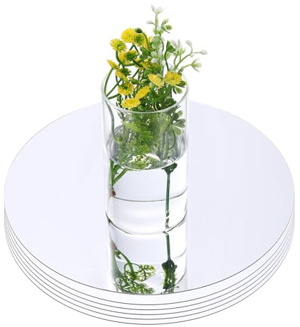 sourcing map 6 Pack 12 Inch Mirror Centerpieces for Tables, Round Mirrors for Centerpieces, Table Plate Tray Self Adhesive Acrylic for Wedding Party Crafts Home Wall Decor, Silver