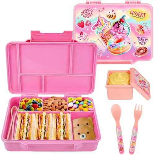 PinkSheep Bento Mittagessen Box für Kinder, 1300 ml Lebensmittelbehälter mit Fächern Geschirr und Salat Box, BPA-freie Leck-proof, zurück zur Schule Mittagessen/Snack Container (Eiscreme)