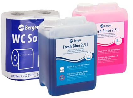 BERGER Sanitärzusatz Set für Campingtoilette | Sanitärflüssigkeit Fresh Blue & Rinse je 2,5 l | Toilettenpapier 2-lagig für mobile Toilette | Verhindert Verstopfungen, reduziert Gerüche