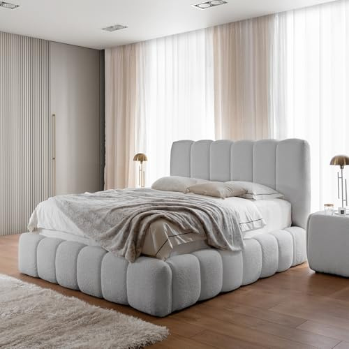 Home Collective Polsterbett Doppelbett Bubble Bett mit Stauraum viele Größen und Farben | Bettgestell mit Lattenrost weicher Bouclé Bezug mit Steppung | Schlafzimmer Möbel | Hellgrau 140x200 cm