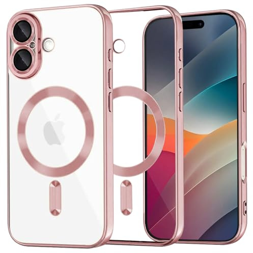 Techsuit für iPhone 17 Hülle mit Kristallklarem Design, Magnetring Kompatibel, Erhöhte Kanten, Kameraschutz, Kabelloses Laden Kompatibel, Anti Kratzer, Luxury Crystal Magnetic Series, Rosa