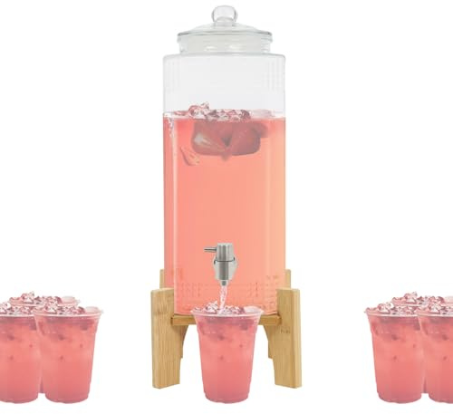 Dispensador de bebidas de cristal de 10 l con grifo y base de madera, dispensador para agua, limonada, té frío, sangría y cócteles, dispensador para fiestas y bodas, transparente y base marrón