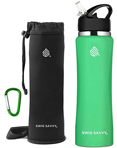 Swig Savvy Stainless Steel Water Bottle, BPA-Free Vacuum Insulated Double Walls, Wide Mouth Design with Carrying Sleeve Pouch, 950ml, Aqua Fresh