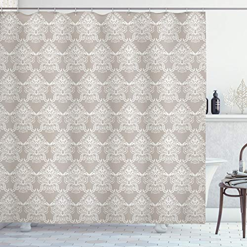 ABAKUHAUS Damast Duschvorhang, Alter königlicher Taupe-Ton, mit 12 Ringe Set Stielvoll Modern, 175x200 cm, Taupe Weiß