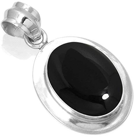 Jeweloporium Handgemachte Halskette mit Anhänger aus echtem 925er Sterlingsilber, grober natürlicher Edelstein, Bernstein, Onyx, Türkis, Granat, ovaler Boho-Schmuck für Frauen