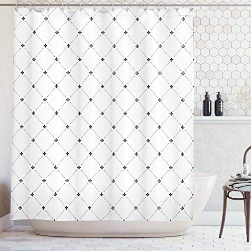 ABAKUHAUS Fleur De Lis Duschvorhang, Shabby Pflanze Damast, Stoffliches Gewebe Badezimmerdekorationsset mit Haken, 175 x 220 cm, Schwarz Weiß
