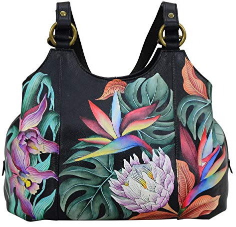 Anuschka klassische handbemalte Hobo-Tasche mit Raffung aus echtem Leder für Damen - Island Escape Black