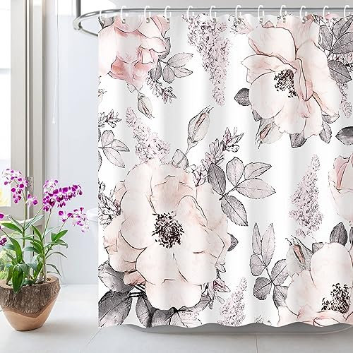 LIVILAN Rideau de douche à motif floral rose et gris, rideaux de douche à motif floral aquarelle avec crochets, tissu blanc gris, décoration de salle de bain, lavable en machine, 183 x 183 cm (l x H)