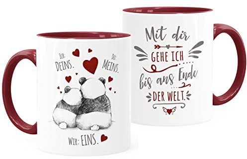 Moonworks® Kaffee-Tasse Panda Ich Deins Du Meins Wir Eins Liebes-Geschenk Liebesbeweis Geschenkidee Freund Freundin Bis an das Ende der Welt bordeauxrot Keramik-Tasse