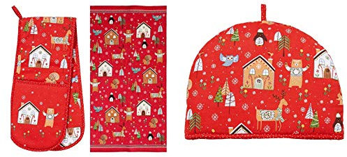 3 PCE Ulster Weavers Christmas Festive Friends Reindeer Penguin Bear Hen Squirrel 100% Cotton Red Tea Towel Double Oven Gloves Tea Cosy Cozy