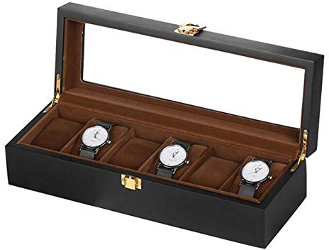 Guolich Uhr Aufbewahrungsbox 6 Slots Uhr Display Display Halter Gehäuse Massiver Holzschmuck Armband Kollektion Organizer mit Glasdeckel Schwarz