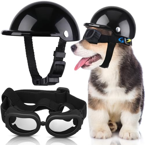 Frienda Casco y Gafas para Perro, Gafas de Sol con protección UV y Casco Acolchado de 4 Pulgadas para Cachorros, adorables Gafas para Perros con cinturón Ajustable para Perros pequeños (Negro, S)