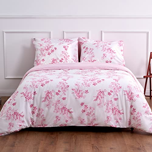LERUUM Autumn Bedding Single Duvet Cover Set Cotton Pink Striped Floral Reversible Girls Kids Children Quilt Bed Set (Pink Single)