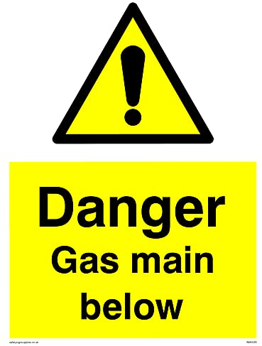 Warnschild mit AufschriftDanger Gas Main Below, 150 x 200 mm, A5P, 5 Stück