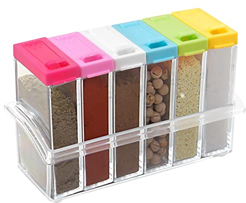 Pinsheng 6er Set Gewürzbox aus Kunststoff, Transparente Gewürzdose mit Tablett, BPA-Freiem Kunststoff Camping Gewürzbox, Küche Salz- und Pfefferstreuer Gewürzdosen für Aufbewahrung Gewürze (Bunt)