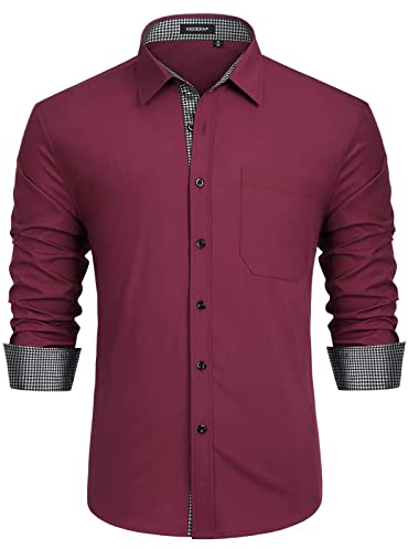 HISDERN Herren Hemd Regular Fit Formale Freizeithemden Herrenhemden Rot Langarm Männer Hemd Klassisches Businesshemd mit Tasche,M