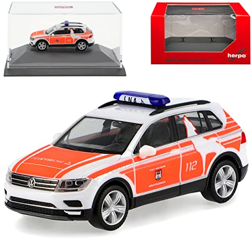 Volkwagen T*i*g*u*a*n II Feuerwehr Notarzt Wolfsburg 2. Generation Ab 2015 mit Sockel und Vitrine H0 1/87 Herpa Modell Auto mit individiuellem Wunschkennzeich