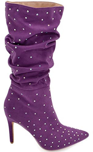 Malu Shoes Tronchetti donna a punta alto meta' polpaccio in camoscio viola ricoperto di strass tacco a spillo 12 cm morbido con zip (37 EU)