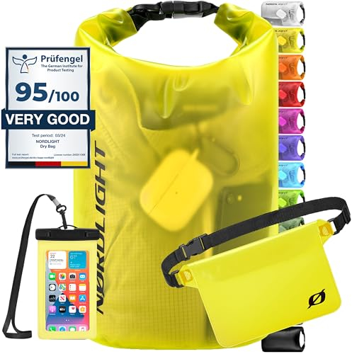 Sac Étanche Dry Bag avec Pochette Étanche Téléphone et Sac Banane - (10L, Jaune) Sac à Dos Étanche IPX8 avec Fermeture À Enroulement | Natation, Bateau, Plage, Stand Up Paddle