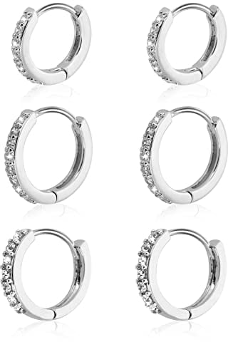 3 Paar Klein Creolen Silber Rund Damen Silberohrringe Zirkonia Set Strass aus Ohrringe Kreolen Klein Mann Hoop Earrings