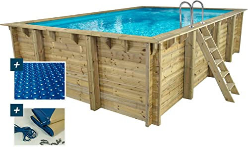 Habitat et Jardin Piscine Bois Rectangle Panama - 6.20 x 4.10 x 1.45 m + Bâche à Bulles 180 µ - Bâche Hiver 280 g/m² +