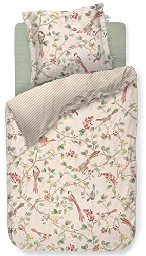 PiP Studio Bettwäsche Good Nightingale Sand Blumen Zweige Vögel Blüten Baum Gepunktet Streifen Wendedesign Perkal, Größe:155 cm x 220 cm