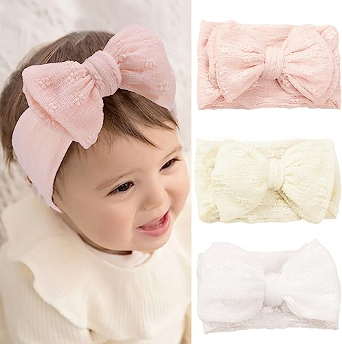Fashband Baby Girl Fasce in nylon Bowknot Fasce elastiche per capelli Morbido copricapo carino per bambini Neonati (confezione da 3)(Rosa)… (L)