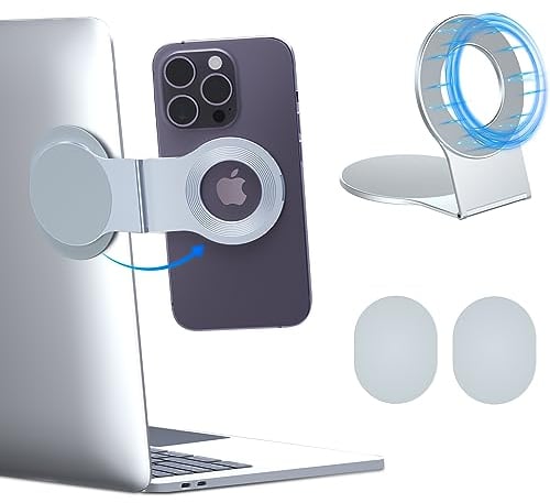 imluckies Detachable Magnetic Phone Holder for Laptop/Desk/Monitor/Wall, Foldable Desktop Monitor Side Phone Mount, Adjustable Slim Portable Modular Stand for MagSafe iPhone & All Phones, Silver