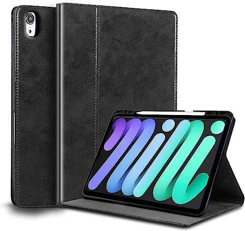 Gexmil Genuine Leather Case for iPad Mini 7 (A17 Pro) 2024 / iPad Mini 6 Generation 2021 8.3 Inch,Pencil Holder,Shockproof Smart Cowhide Cover,Anti-Slip/Fingerprint,Oil Wax Black