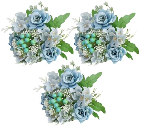 Driflo Artificial Roses Flowers 3 pack Fake Silk Flower Faux Decorative Rose Flowers Bouquets Real and Natural Artificial Flowers for Wedding Home Birthday Party Garden Decoration (blue)