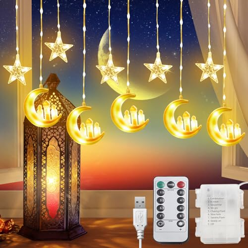 HRKVSK Ramadan Lichterkette, 3M Ramadan Deko Lichter USB, Eid Ramadan Laternen, Warmweiß LED Muslim Ramadan Licht mit 8 Blinkenden Modi & Fernbedienung, Ramadan Licht Stern Mond Lichterketten