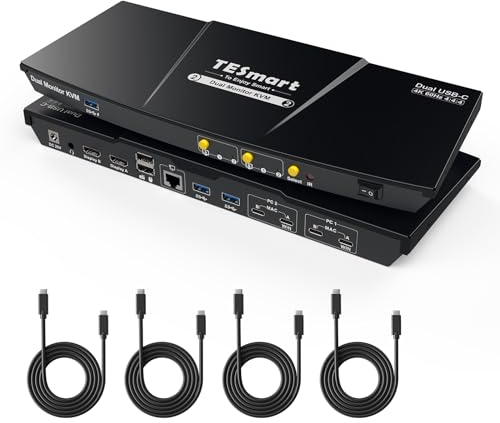 TESmart Conmutador KVM USB 3.0 USB-C 2 monitores 2 computadoras, conmutador KVM doble monitor 4K @60Hz, modo MST, compatible con red Gigabit, emuladores EDID, puerto de auriculares, interruptor de