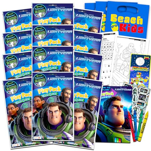 Disney Buzz Lightyear Partygeschenk-Set, Paket enthält 12 Spielpackungen gefüllt mit Aufklebern, Malbüchern, Buntstiften, Spielzeug-Story-Partyzubehör