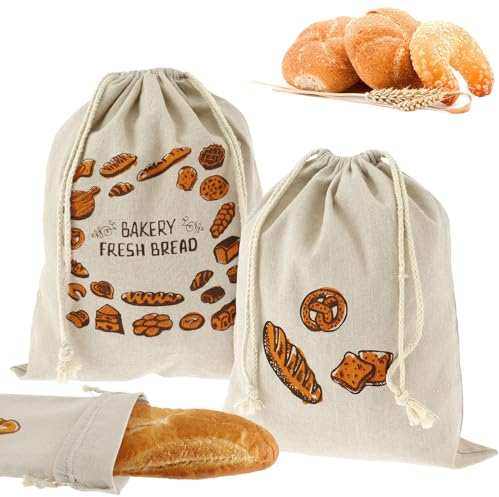 3Pcs Organic Linen Cotton Bread Bag 29.5 x 36cm/ 15 x 61cm Extra Large Reusable Bread Bags BPA-Free Bread Storage Bags with Drawstring Eco Food Bread Bags for Bread Fruit Nut Vegetable