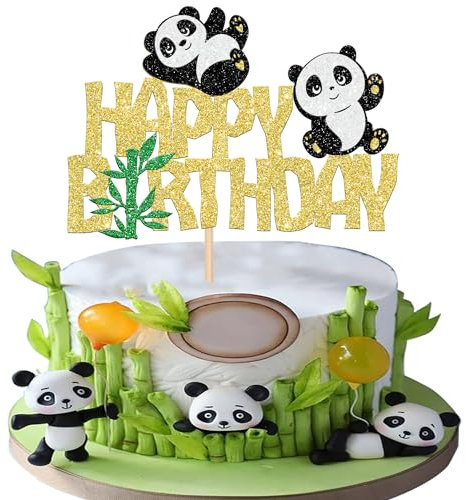 1 Stück Panda Happy Birthday Tortendeko Glitzer Grün Bambus Cake Topper Niedliches Tier Kuchen Deko für Baby Dusche Kinder Geburtstag Party Kuchen Dekoration Gold