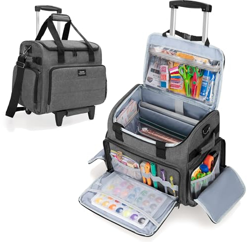 CURMIO Scrapbook Tasche mit Rädern, Rolling Scrapbook Tote mit Erweiterbarer Aktenordner Fach, Handarbeitstasche für Scrapbooking, Papier, Kleber, Klebeband, Grau (Nur Tasche)