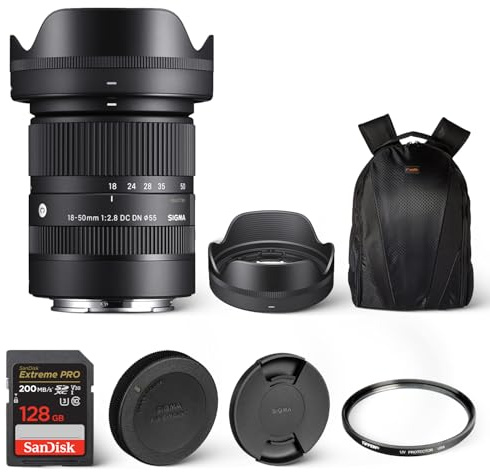 Sigma Objectif contemporain 18-50 mm F2.8 DC DN pour Sony E-Mount avec filtre protecteur UV Tiffen 55 mm, carte mémoire SanDisk Extreme PRO UHS-I SDXC 128 Go et sac à dos Waith