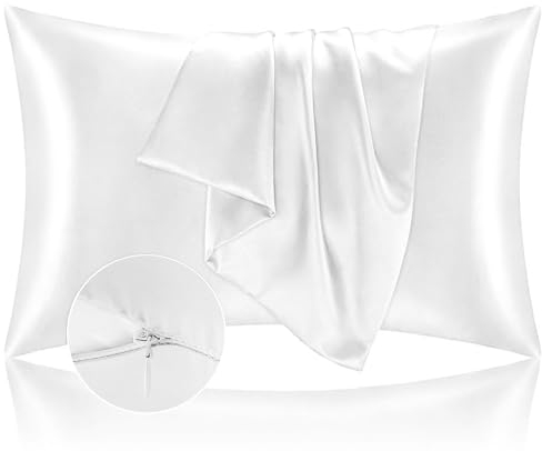 Kissenbezug Bett 50x90 aus Satin - Satinbezug Schützt Haut und Haare - Super Weich und Hypoallergen - 2er Set Kissenbezug mit Reißverschluss - Weiß