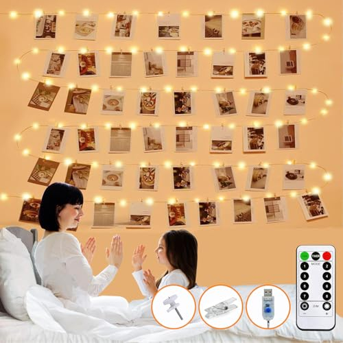 Drezesov 10M 100 LEDs Fotoclips Lichterkette mit Fernbedienung, USB Lichterkette Warmweiß 8 Blinkende Modi mit 50 Klammern und 20 Haken an der Wand für Bilder,Zimmer, Party Dekoration, Weihnachten