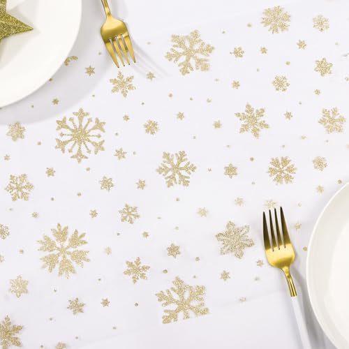 GEBETTER Camino de Mesa Navidad 28 cm x 9 m Copos de Nieve Estrellas Doradas Organza Decoración Mesa Adorno Árbol Navideño Silla Puerta Manualidad Regalo Fiesta (Blanco Copos de Nieve Oro Purpurinas)