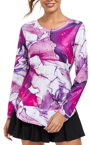 Deaviya Top sportivo da donna a maniche lunghe, maglietta da yoga, allenamento, corsa, girocollo, ad asciugatura rapida, da golf, abbigliamento sportivo da palestra, Rendering viola, L